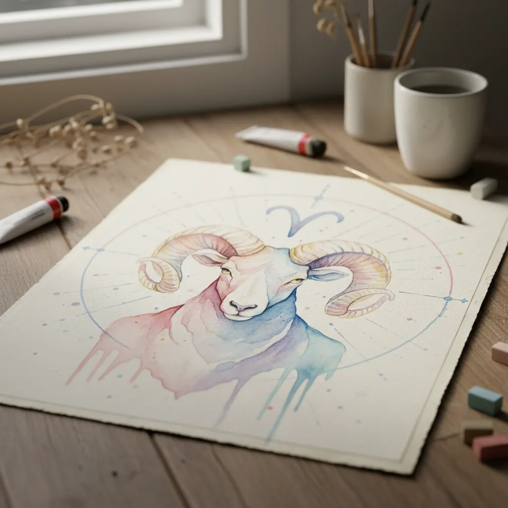 Tranh màu nước đầu cừu tượng trưng cho cung Bạch Dương