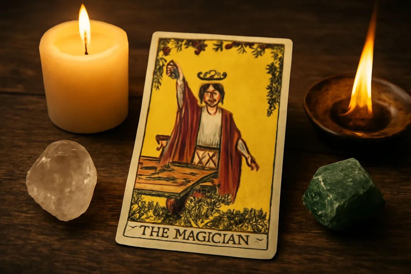 Hình ảnh lá bài tarot The Magician với bốn nguyên tố trên bàn