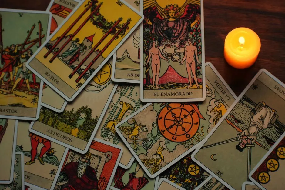 Hình ảnh lá bài tarot The Lovers với đôi nam nữ và thiên thần