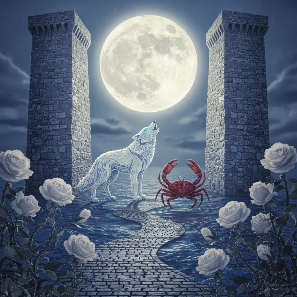 Hình ảnh lá bài tarot The Moon với mặt trăng và hai tòa tháp