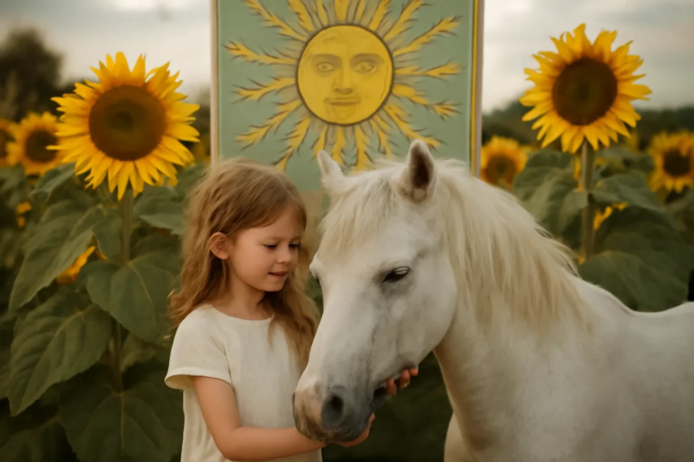 Hình ảnh lá bài tarot The Sun với mặt trời và đứa trẻ cưỡi ngựa